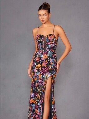 Coya Collection NWT Black Multi-color Embroidered Sequin Maxi Gown Dress Size S